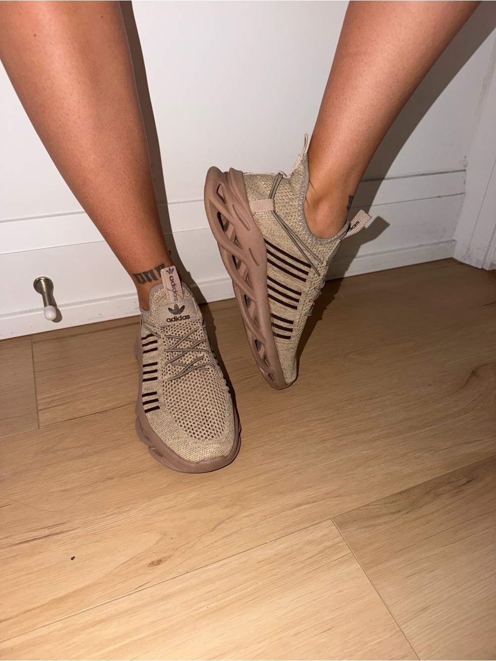adidas Women's Tan Knit Slip-On Running Shoes with Brown Accents